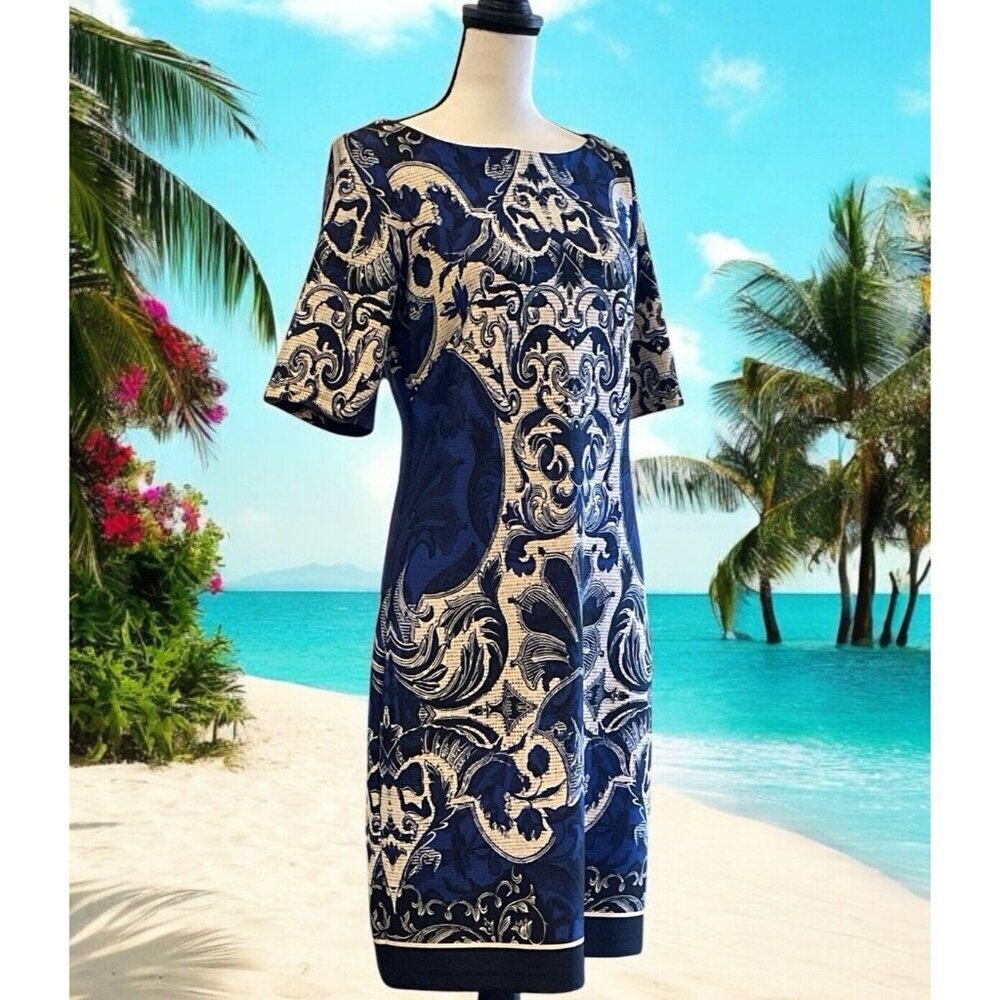 J Taylor Womens Paisley Sheath Dress Size 10 Blue White Print Zipper - Picture 14 of 16
